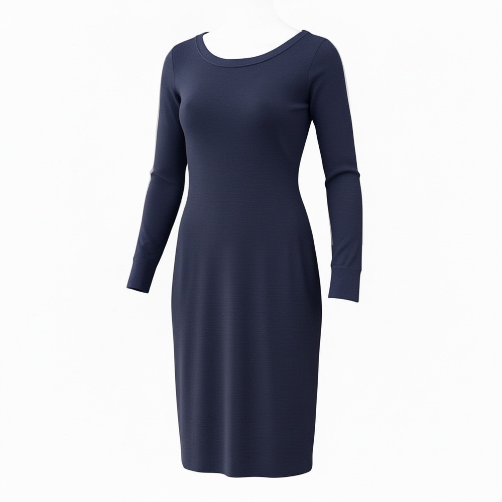 St. John Midnight Navy Knit Sheath Dress Long Sleeve Gold Button Cuff K14F020 L